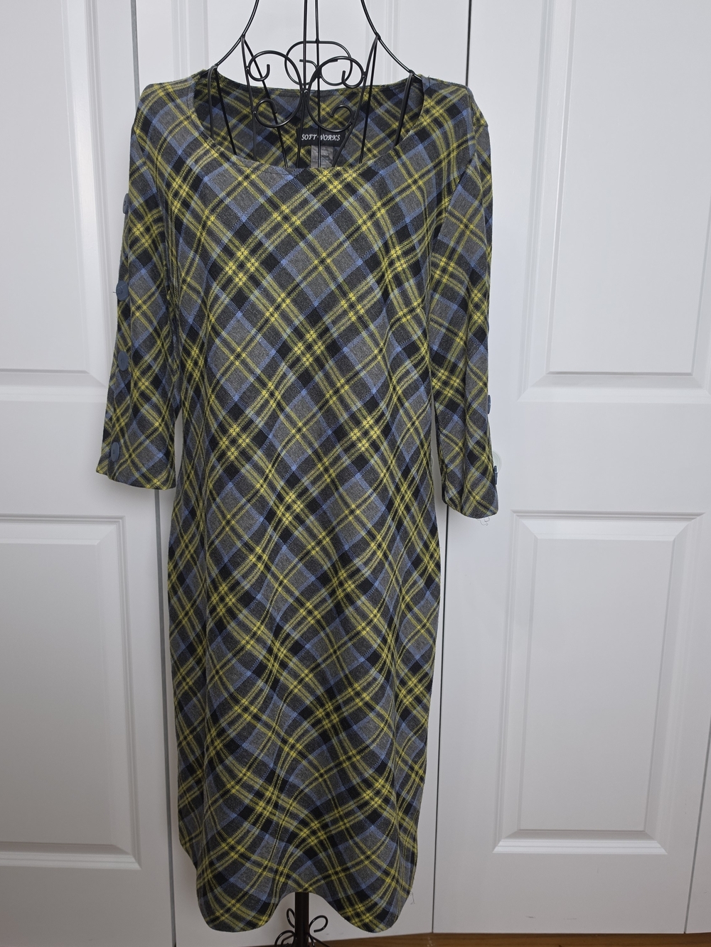 Soft Works Plaid Dress Large Blue Yellow Made in Canada